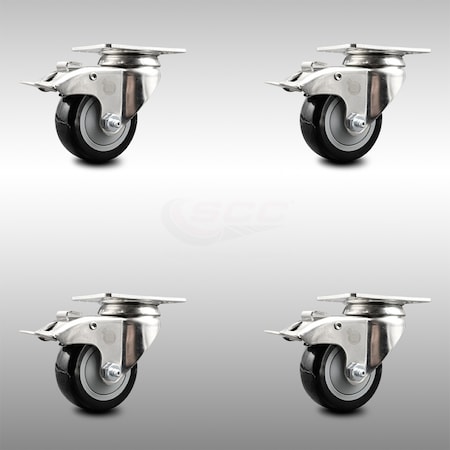 3 Inch 316SS Black Polyurethane Swivel Top Plate Caster Set Total Lock Brake SCC